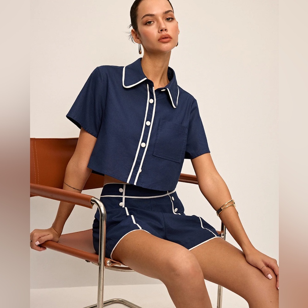 Navy Contrast-Trim High-Waist Women's Shorts - Picture 2 of 7